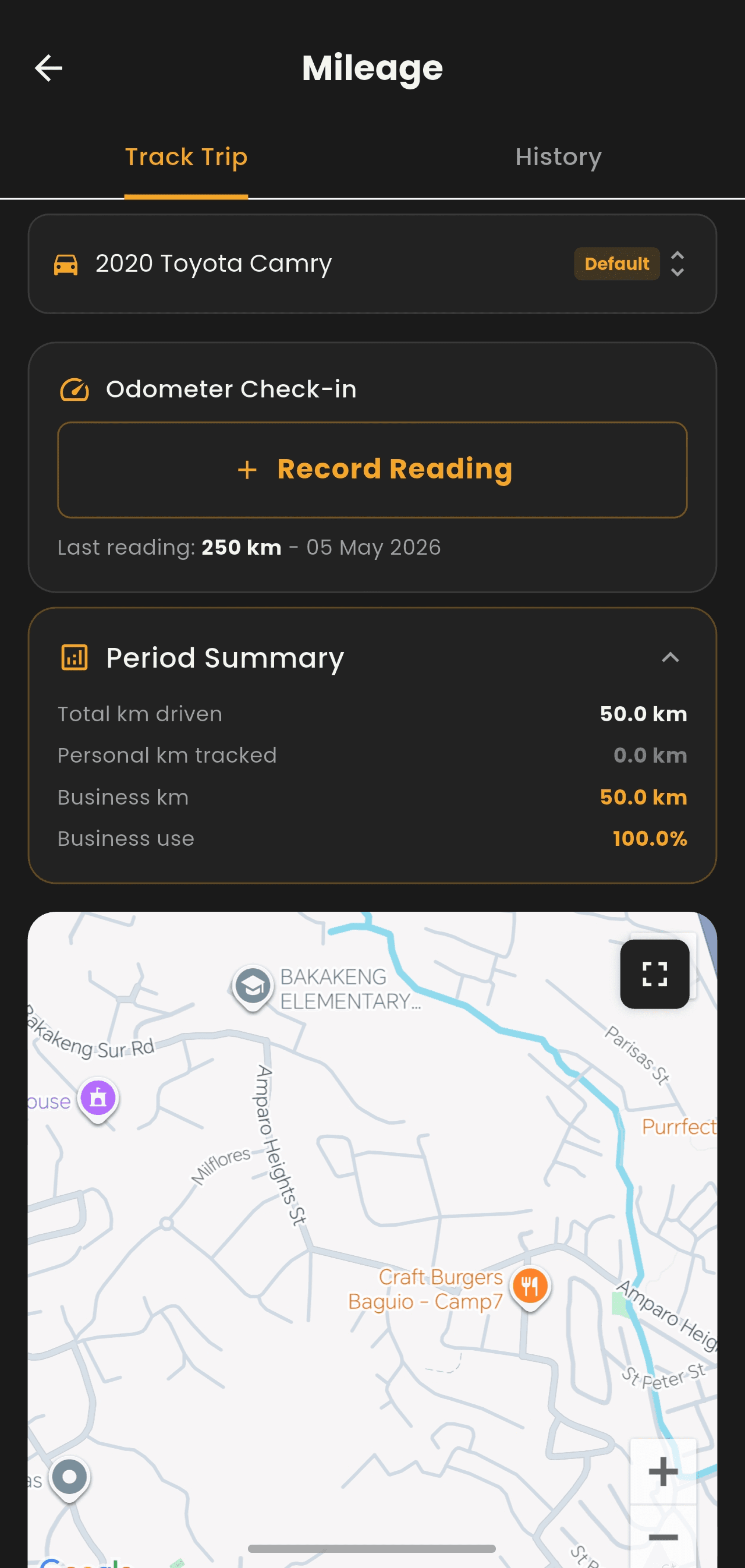 TAXit mileage tracker showing GPS route, distance and trip log